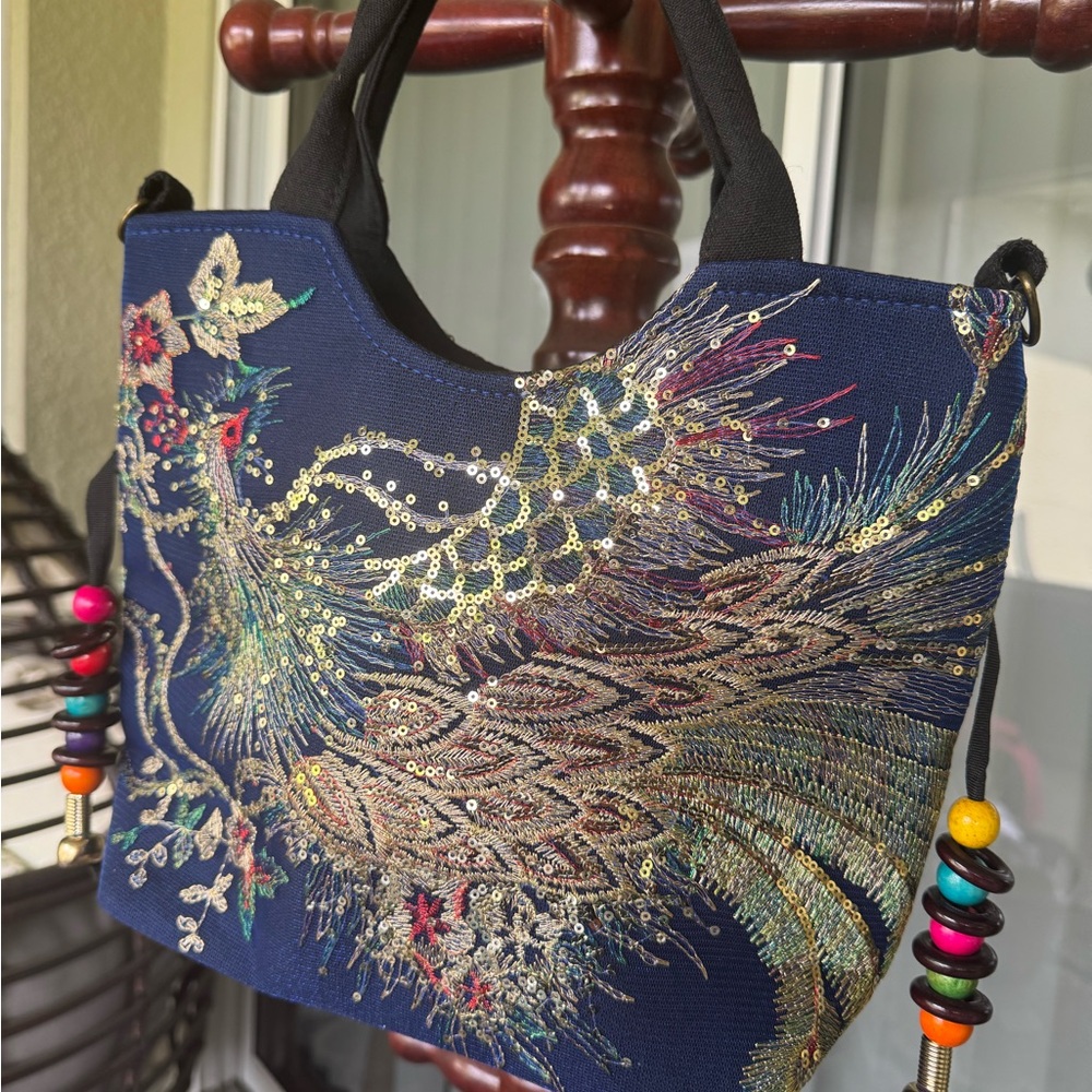 Blue Tote Hand Bag with Intricate Phoenix Design and Side Beads. - Picture 10 of 11